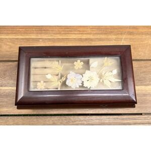 VTG Bombay Co Musical Jewelry Ring Box Mahogany Wood Pressed Flowers Works